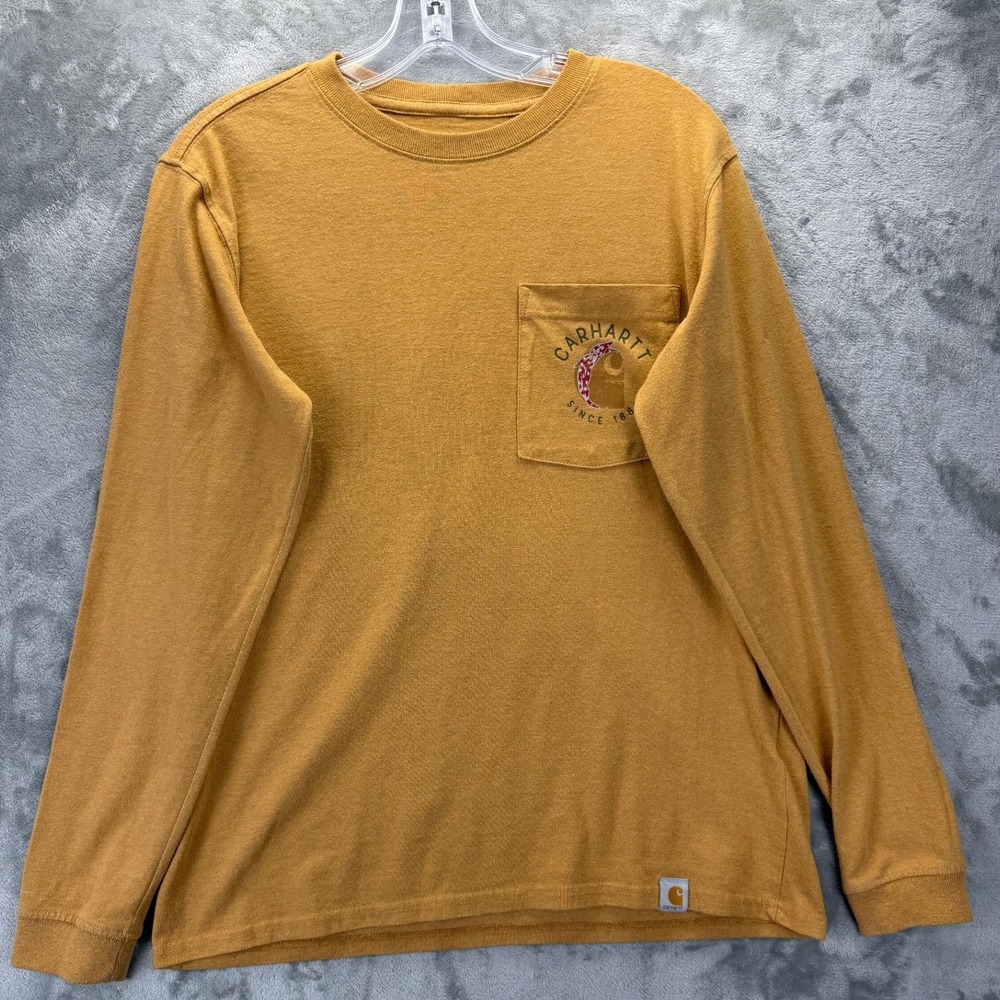 Carhartt Mens Long Sleeve Pocket T-Shirt Mustard Yellow Graphic Logo S Y12